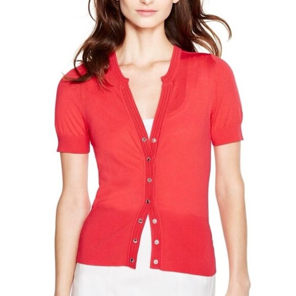 White House Black Market Snap Front Short Sleeve Orange Sweater Blouse Size XL - Picture 1 of 12